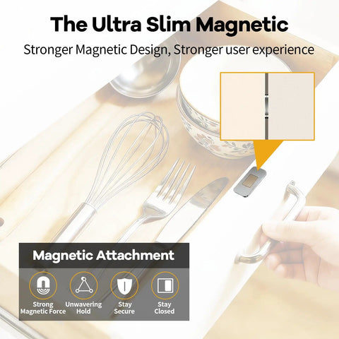 8 Pack Magnetic Cabinet Door Catch Ultra Thin Sleek Nearly Invisible Zero Point Eight Inch Design With 10 Lb Holding Power Adhesive Magnetic Closures For Kitchen Cabinets And Closet Doors Magnetic Drawer Latch Closer, ultra-slim latch on a drawer.