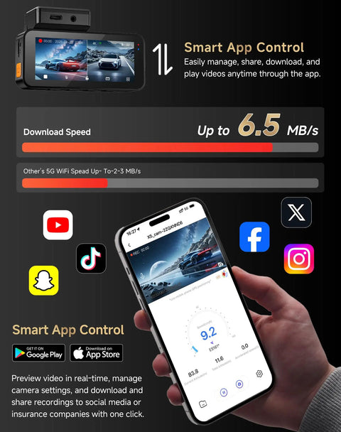 Dual Front And Rear Dash Cam With 4K Front And 2.5K Rear, Built-In WiFi With App Control, shown with app interface on smartphone