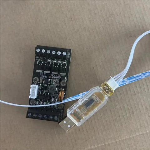 Plug And Play PLC Transistor Output Module With Six In And Four Out FX1N10MT Style Industrial Control Board DC 10 To 28 Volt Power Supply Includes Program Cable For Quick Setup And Reliable Automation, black PCB with USB cable