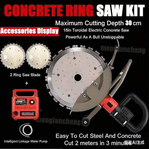 Heavy Duty 5000W Brushless Wet Cut Ring Saw With Integrated Water Pump And Twin Diamond Blades for concrete cutting accessories display