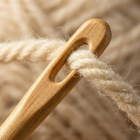 Close-up of large-eye needle with thread, part of the Weaving Comb Set for Newbies Three Piece Wood Knitting Loom Tool Kit With Large Eye Needle and Crochet Hook for Tapestry Wall Hangings DIY Craft Hand Loom Accessories.