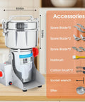 Heavy Duty 1000g Commercial Grain Grinder with 32000 RPM Electric Mill, shown with accessories including blades, brush, and wrench