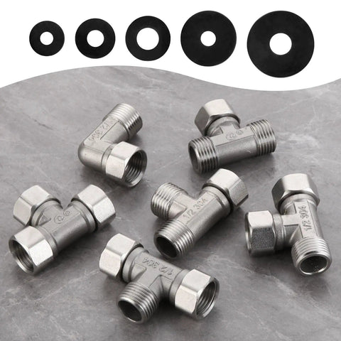 50 Piece Rubber Washers Kit With Five Sizes 16mm 18mm 20mm 25mm And 30mm Black Vibration Dampening Pads For Faucets Hoses Screws And Bolts Home DIY Plumbing And Automotive Repairs shown with metal fittings.