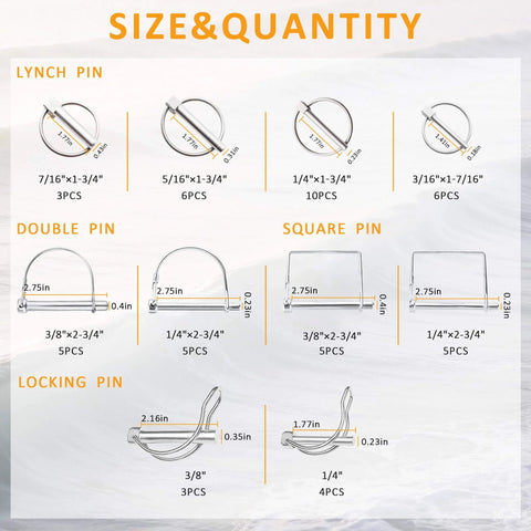 Ready To Roll All In One Heavy Duty Hitch Pins Kit With PTO And Cotter Pins For Trailers Tractors And Trucks Farm And Lawn Gear Snow Plows Rust Resistant Zinc Plated Steel Double Sided Toolbox Included sizes and quantities chart