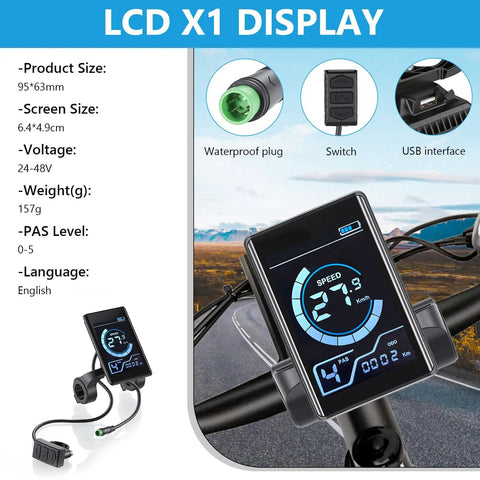 Waterproof LCD Bike Display Panel With 5 Pin X1 Connector For 24V 36V 48V Electric Bikes And Scooters Beefy Speedometer Dashboard Replacement ABS Built For Long Battery Life Easy Install Clear Readout For Electric Mountain Bikes