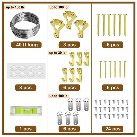 Product components of Heavy Duty Picture Hanging Kit For Walls Handles Up To 100 Lbs With Tough As Nails Wire and hardware.