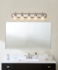 Brushed Nickel 5 Light Vanity Bath Light With Clear Satin Etched Glass Dope Modern 36 Inch Wall Mount Fixture For Bathrooms Damp Rated 36 Inch Wide By 8 Inch High Bulbs Not Included above bathroom mirror