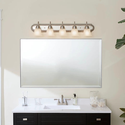 Brushed Nickel 5 Light Vanity Bath Light With Clear Satin Etched Glass Dope Modern 36 Inch Wall Mount Fixture For Bathrooms Damp Rated 36 Inch Wide By 8 Inch High Bulbs Not Included above bathroom mirror