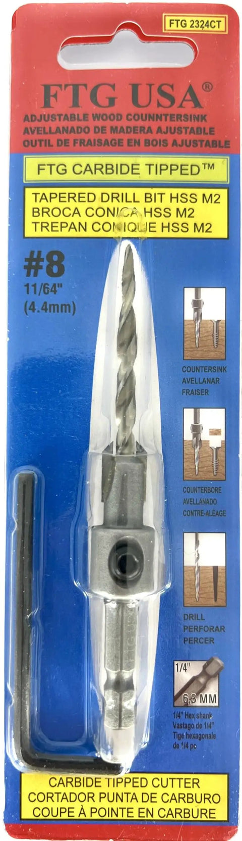 Eleven Sixty Fourth Inch Tungsten Carbide Tipped Countersink Drill Bit For Wood With Wide Flute For Easy Chip Flow Workhorse Tapered Bit And One Quarter Inch Hex Shank Quick Change in packaging