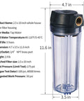 Clear image of Ten Inch Whole House Slim Water Filter Housing With Pressure Relief Valve Three Quarter Inch NPT Brass Ports Fits Two And A Half Inch By Ten Inch Filters Clear See Through Housing, dimensions labeled.