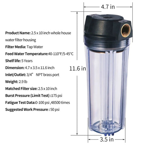 Clear image of Ten Inch Whole House Slim Water Filter Housing With Pressure Relief Valve Three Quarter Inch NPT Brass Ports Fits Two And A Half Inch By Ten Inch Filters Clear See Through Housing, dimensions labeled.