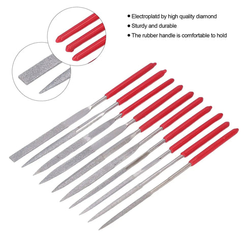 Diamond Needle File Set With Rubber Handles, 10 Pcs 120 Grit Grinding Trimming Files Kit for Woodworking Metalworking Glass Ceramic