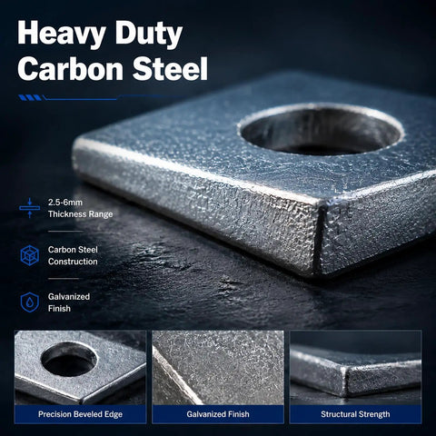 Twelve Piece Heavy Duty Beveled Wedge Washers Engineered For Zero Slack Shim Leveling Solid Bolt Stabilizer That Locks Down Tight For Outdoor Framing And Construction Projects with 2.5-6mm thickness in galvanized carbon steel.