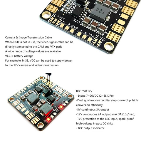 Beefy Power Hub And Distribution Board For Drone Builders with dual BEC 5V 3A, 12V 2A, 4-layer PCB and copper foil detailed view.