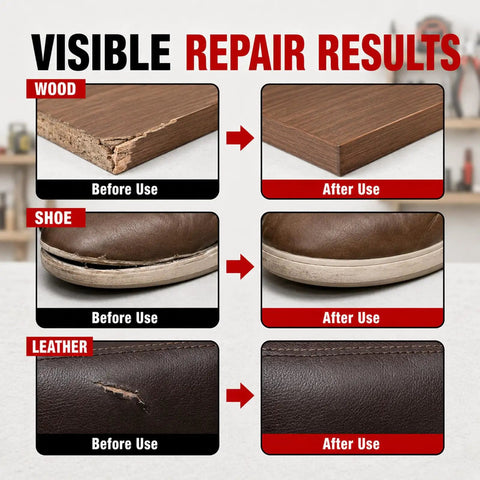 Visible repair results of Heavy Duty Contact Cement Adhesive With Brush for wood, shoe, and leather surfaces.