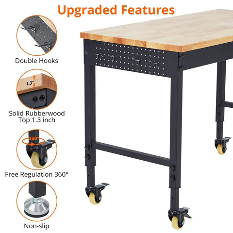 Tough As Nails Mobile Workbench 60 Inch Adjustable Shop Table with solid rubberwood top and double hooks for tools.