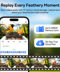 Smart Bird Feeder With Camera For Outdoors Solar Powered Bird House 2K HD Live Video AI Species ID Real Time Alerts 2.4G WiFi Brown Perfect Gift For Bird Lovers, showcasing video replay feature on a smartphone with bird images.