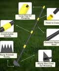 Diagram of Heavy Duty Garden Hoe with 60 Inch Adjustable Long Handle, showcasing features like loop top, sharp teeth, and stainless steel.