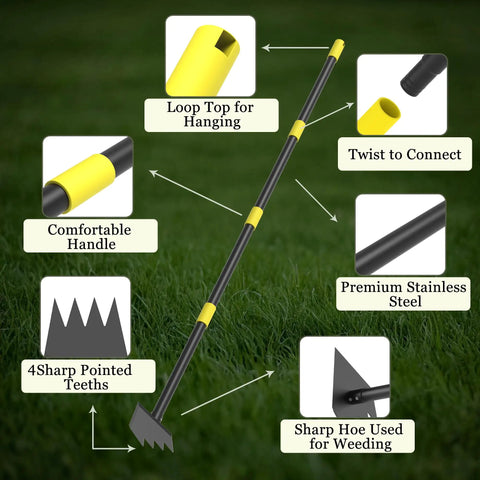 Diagram of Heavy Duty Garden Hoe with 60 Inch Adjustable Long Handle, showcasing features like loop top, sharp teeth, and stainless steel.