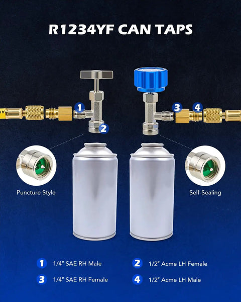 R1234yf Quick Couplers Kit with self-sealing taps and puncture can tap, includes 1/4 inch to 1/2 inch HVAC hose adapters