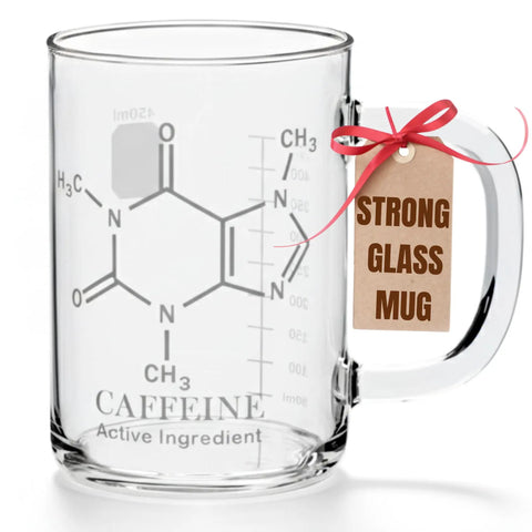 Caffeine Molecule Beaker Mug With Handle, Clear Glass Measuring Cup Coffee Cup with chemical structure and strong glass label