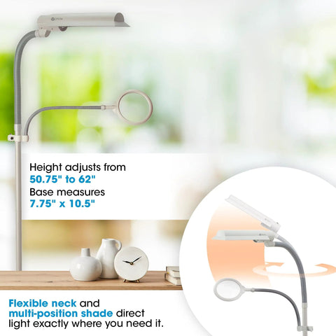 Lit 18W EasyView Floor Lamp With 3X Magnifier Attachment Flexible Neck Wide Wing Shade Modern Crafting And Reading Light featured