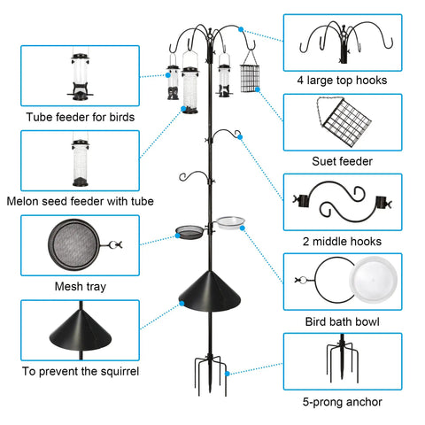 Six Hook Bird Feeding Station With Steel Multi Feeder Stand Four Feeders Bird Bath Mesh Tray And Squirrel Guard Baffle