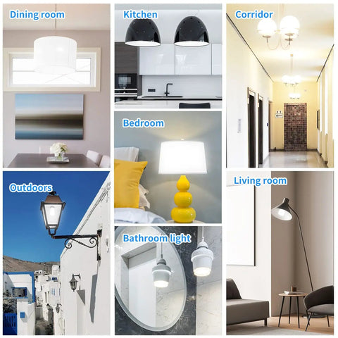 Collage of home lighting: dining room pendant, kitchen lights, corridor fixtures, bedroom lamp, outdoor lantern, bathroom light