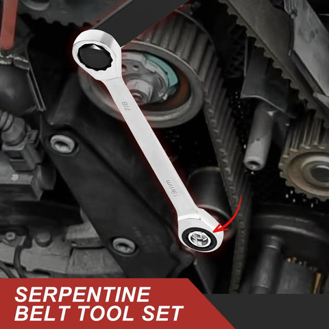 Universal Serpentine Belt Ratcheting Tool Set 15 Piece Pro Grade Belt Tensioner Kit used in engine compartment