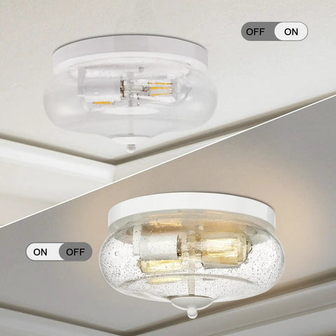 Top and bottom view of Seeded Glass Flush Mount Ceiling Light Fixture With 2 Light Sockets For Indoor Outdoor Use White Finish Modern Round Ceiling Lamp For Hallway Kitchen Bedroom Porch Living Room Dining Room That Keeps It Lit, showing light on and off.
