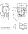 Front and side views of NMRV040 worm gear reducer with mounting dimensions for NEMA34 motors