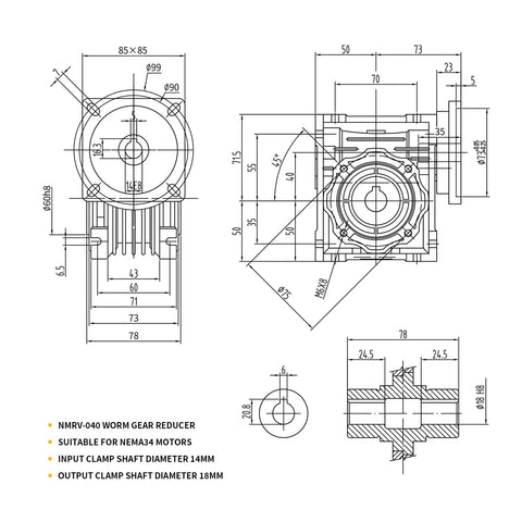 Front and side views of NMRV040 worm gear reducer with mounting dimensions for NEMA34 motors