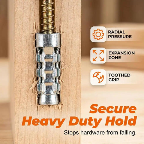 Close-up of a Short Expansion Screw Set for Cabinet Hinges Hinge Repair Kit with expansion anchor inserted into wood.