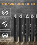 Five black 5/16-inch carbide turning insert holders with silver indexable tips, front view