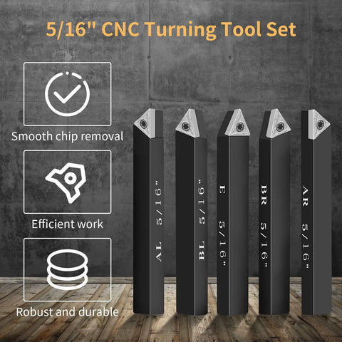 Five black 5/16-inch carbide turning insert holders with silver indexable tips, front view