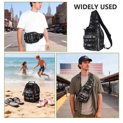 Large Capacity Fishing Backpack With Three Carrying Options Backpack Sling Or Chest Use Waterproof 900D Oxford Fabric in urban and beach setting