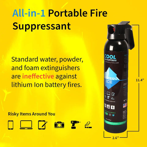 Lithium-Ion Fire Suppressant Aerosol With Patented AVD Technology for Home Garage and Office, compact non-toxic spray can
