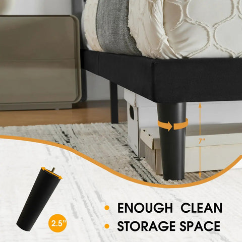 Ultra Comfy Queen Platform Bed Frame With Cozy Velvet Upholstered Headboard Built For Dead Quiet Sleep With Zero Box Spring Needed, showing storage space features.