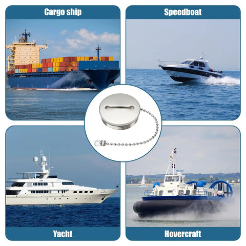 Collage of cargo ship, speedboat, yacht, hovercraft with 2 Inch 50mm Boat Gas Cap Stainless Steel Polished Marine Deck Fill With Chain