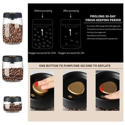 Turn Up Your Kitchen Game With This Super Durable Vacuum Sealed Glass Jar Built For Coffee Beans And Dry Goods. Highlighting vacuum mechanism.