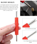 Hand holding 16 Piece Fuel Line And Transmission Quick Disconnect Tool, featuring dual metal heads and red grip, valve core remover function.