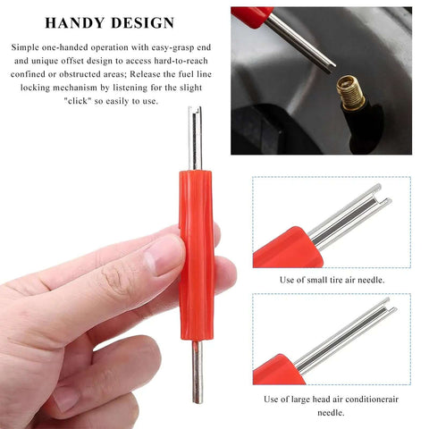Hand holding 16 Piece Fuel Line And Transmission Quick Disconnect Tool, featuring dual metal heads and red grip, valve core remover function.