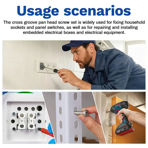 Man using cross groove pan head screws for electrical installation, 500-Piece Stainless Steel Nuts And Bolts Kit With Flat Washers And Phillips Pan Head Screws, M2 Metric Set In 6mm 8mm 12mm 16mm Lengths, Grab-And-Go Hardware For 3D Printers, Furniture, Electronics, And Automotive Projects.