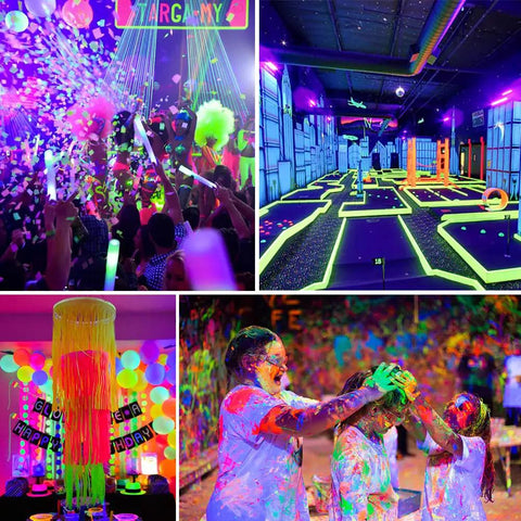 Various vibrant scenes glowing under a Two Pack LED Black Light Bar With Switch And Plug 5ft Cable 38W UV Glow Light For Party Vibes.