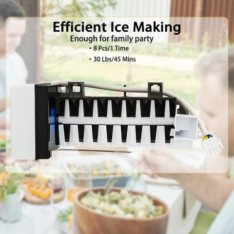 FDI104S Ice Maker Replacement for Frigidaire Refrigerators, High Capacity, Easy Quick Install, Replaces Multiple Common Frigidaire Ice Maker Parts, Keeps Your Ice Snappy and Clear, Durable, Ready to Install, black and white ice maker with harness