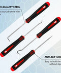 4 Piece Auto Mechanic Pick And Hook Set Pro Grade Grab And Go Tools For Quick Car Oil Seal Removal Includes 135 Degree Curved Hook 90 Degree Hook 45 Degree Hook Sharp Drill 6.5 Inch Red Handles Built To Last In Tight Spots, 4-piece steel set with red anti-slip handles