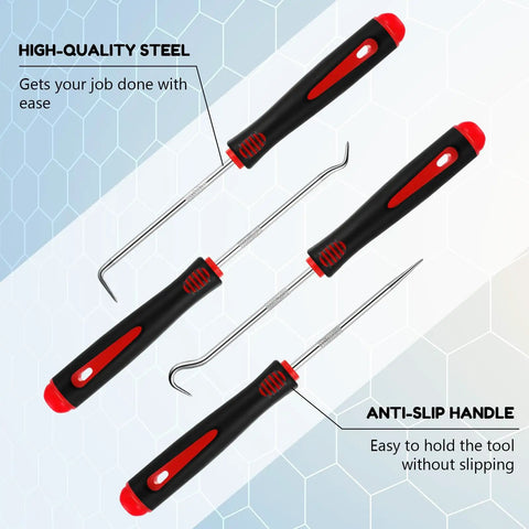4 Piece Auto Mechanic Pick And Hook Set Pro Grade Grab And Go Tools For Quick Car Oil Seal Removal Includes 135 Degree Curved Hook 90 Degree Hook 45 Degree Hook Sharp Drill 6.5 Inch Red Handles Built To Last In Tight Spots, 4-piece steel set with red anti-slip handles