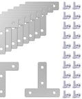 10 Sets Dope 2020 T Shape Corner Bracket Joint Plate Kit For Aluminum Extrusion 90 Degree Connectors With 40 Slide In T Nuts And 40 Screws 6mm Slot 2020 Series Profile shown with plates, screws, and nuts arranged side by side.
