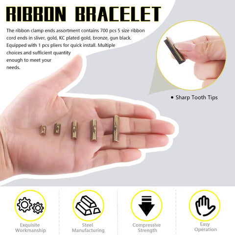 Hand displaying ribbon end clips from All In One DIY Jewelry Making Kit With 701 Pcs Ribbon End Clips And Pliers 24 Iron Fold Over Pinch Crimp Ends Leather Clamps And Findings For Bookmark Bracelet Necklace And Choker Projects.