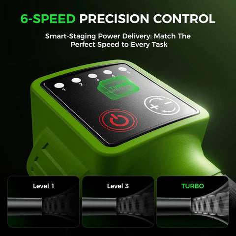 Cordless Leaf Blower With 650 CFM And 180 MPH, Brushless Powerhouse control panel showing 6-speed precision settings.